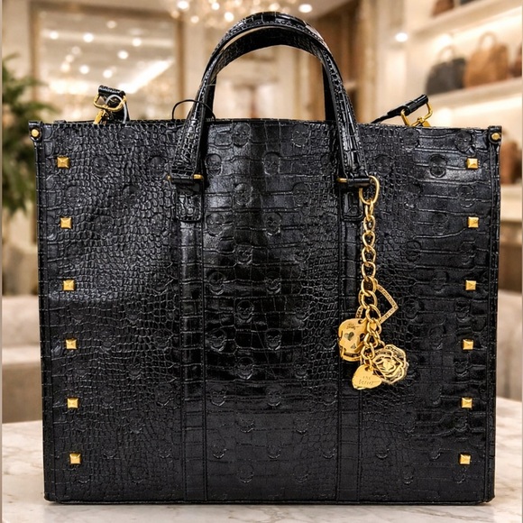 Betsey Johnson Handbags - Betsey Johnson Black Croc-Embossed Tote with Gold Accents